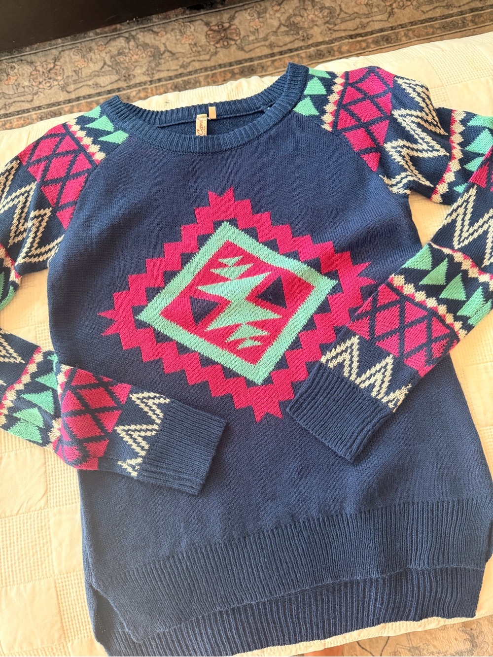 Red Camel Women’s Navy Crewneck Sweater with Pink and Mint Aztec Motif